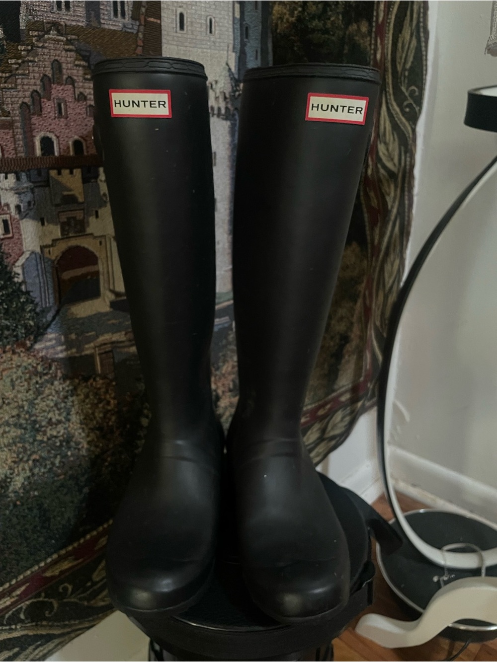 Hunter Tall Rain Boots in Black with Red Logo Trim